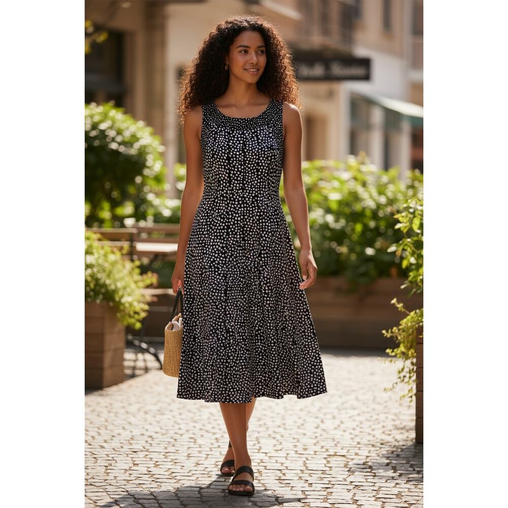 AOP Polka Dot Black & White Dress Perceptions NY Ribbed Midi Sz S Classic Retro